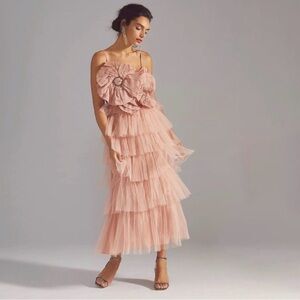 Anthropologie Kavita Bhartia Rosette Tiered Tulle Gown Midi Pink Size 2